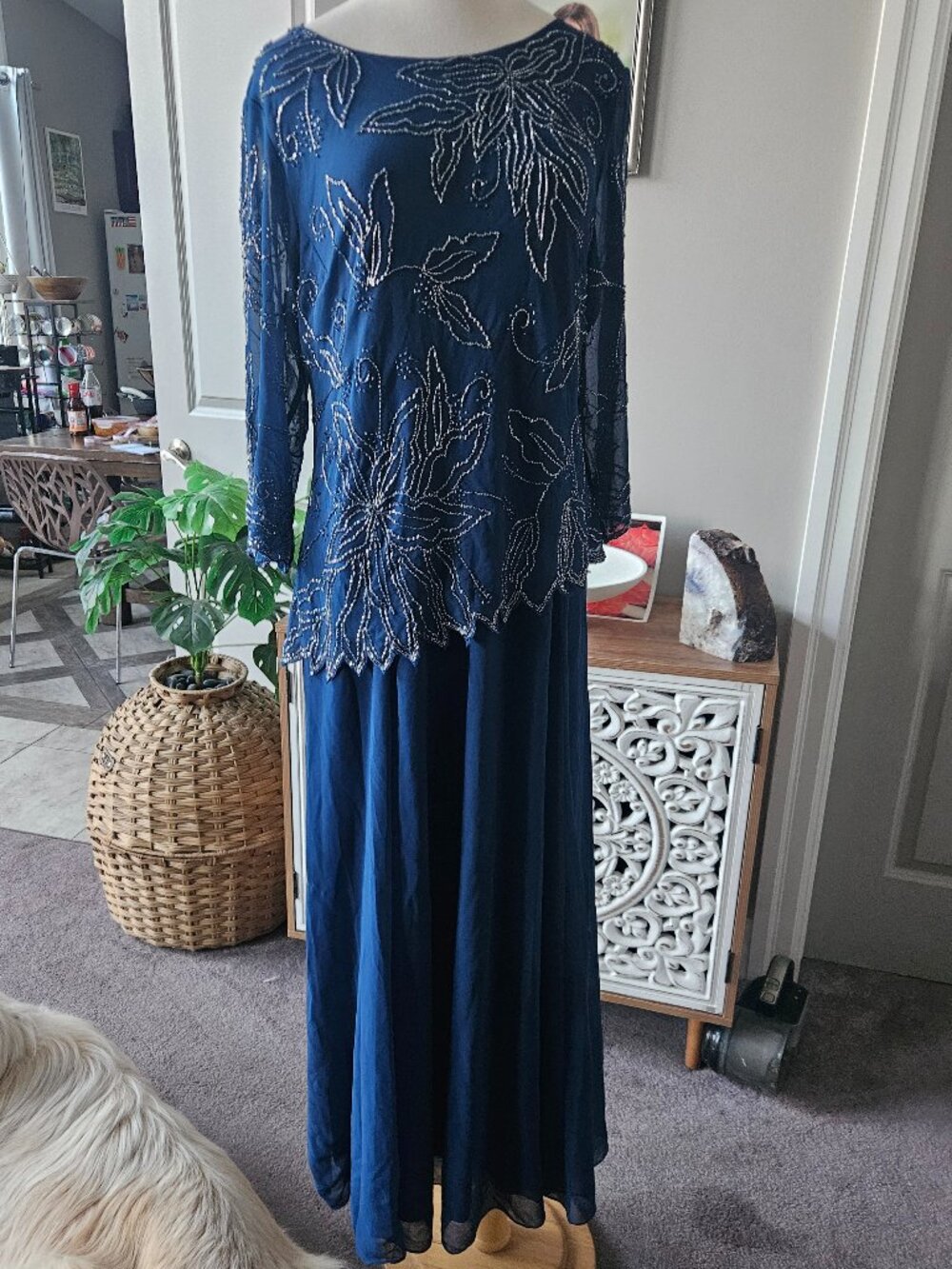 NWT J Kara Womens 3/4 Floral Beaded Pop Over Gown, 14P